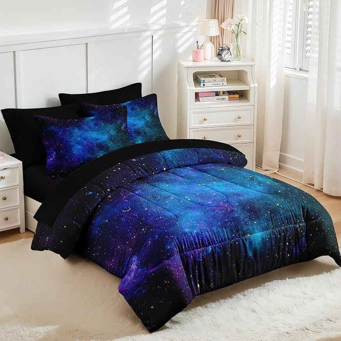 Nesker Comforter Set Queen Size, Galaxy Retro Star 7 Pcs Bedding for Kids and Adults, Space Science Night Sky Bed Sheet Sets with Fitted Sheet 2 Pillowcases & 2 Shams