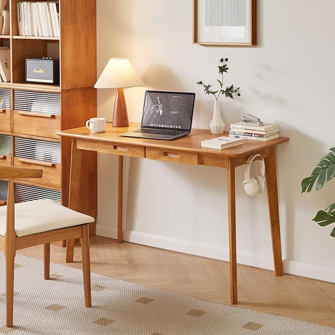 Aibiju Wooden Computer Desk with Drawer and Hanging Rod, Modern Minimalist Style PC Laptop Computer Workbench with Solid Wood, 47" Home Office Work Table, Cherry Wood Color YD-WD03N