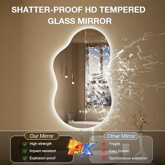 Irregular Cloud Backlit Bathroom Mirror 40x24 Inch, LED Vanity Mirror with Lights Anti-Fog, Dimmable 3 Colors, 4mm Tempered Glass, Horizontal/Vertical Wall Mount for Bathroom or Makeup Area