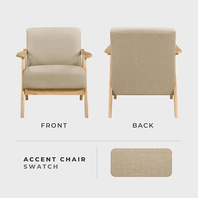 Lexicon Mid Century Modern Accent Chair with Solid Wood Frame in Natural Finish, Textured Fabric Living Room Lounge Arm Chair, Thick and Comfy Innerspring Seat Cushion, Linen-Look Fabric, Light Brown