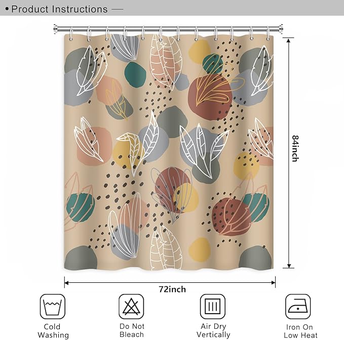 Abstract Mid Century Boho Leaves Colorful Geometric Pattern Shower Curtain, Washable Polyester Durable Fabric Aesthetics Bath Shower Curtain with Hooks, 72x84 Inch