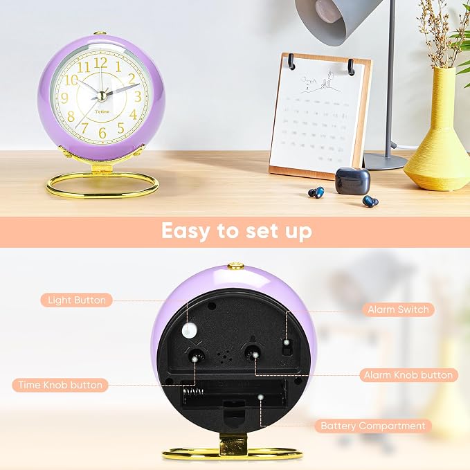 Tetino Analog Alarm Clocks,Retro Backlight Cute Simple Design Small Desk Clock with Night Light,Silent Non-Ticking,Battery Powered,for Kids,Teens,Bedroom,Travel,Kitchen,Bedside Desk Decor. (Purple)