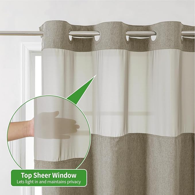 No Hooks Needed Linen Textured Shower Curtain with Snap-in Fabric Liner Set,Hotel Luxury Decor Shower Curtains for Bathroom with Mesh Top Window,Waterproof & Washable,71Wx74H,Khaki/Tan