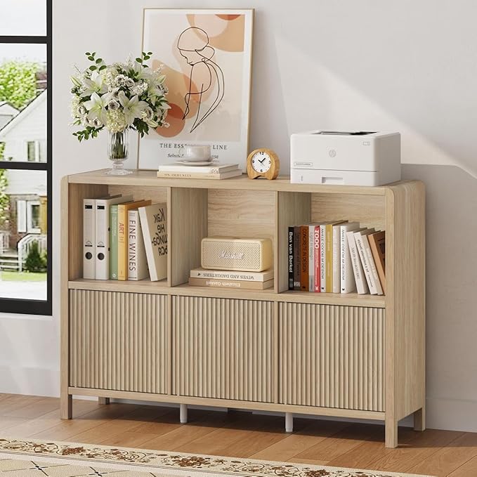 FATORRI 6 Cube Horizontal Bookshelf with 3 Doors, Modern Wood Book Shelf with Storage, Low Cubby Bookcase for Home Office (Light Walnut)