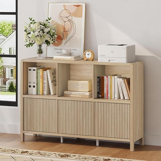 FATORRI 6 Cube Horizontal Bookshelf with 3 Doors, Modern Wood Book Shelf with Storage, Low Cubby Bookcase for Home Office (Light Walnut)