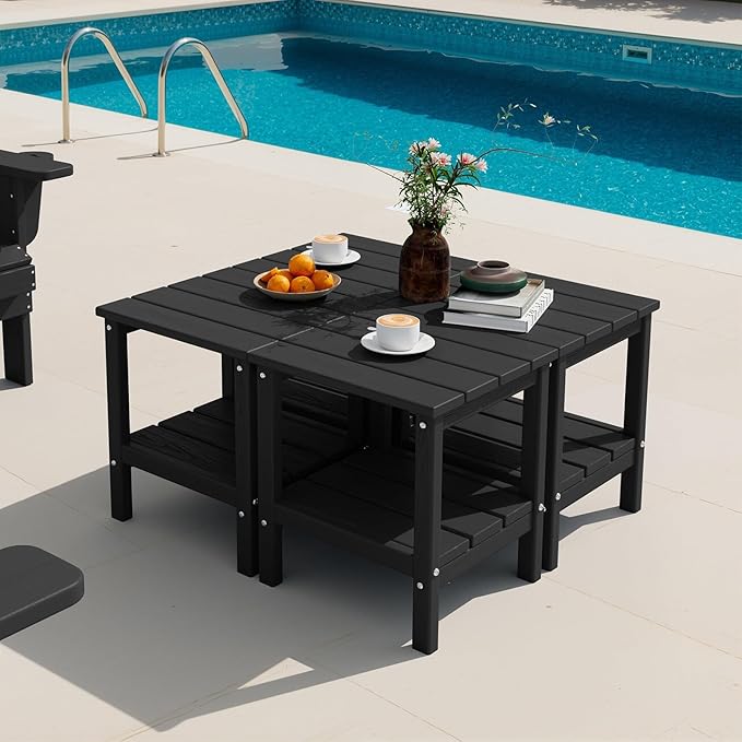SERWALL 2-Tier HDPE Outdoor Side Tables Set of 4, Weatherproof Rectangular Adirondack Side Table, Black