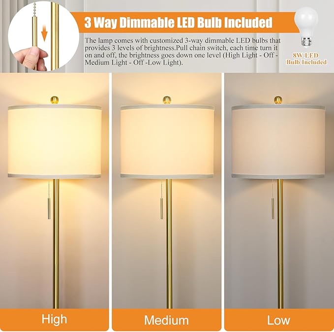 Qingmiao 【Upgraded】 Dimmable Gold Floor Lamps for Living Room, 63in Modern Standing Lamp with Marble Base, Tall Pole Light with White Linen Shade for Bedroom Reading Office Corner Nursery