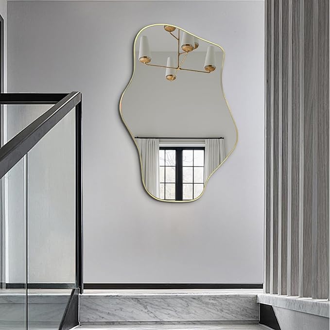 Gold Irregular Mirror, 21"x14" Asymmetrical Wall Mirrors, Modern Frameless Mirror for Wall, Unique Shaped Mirrors for Living Room Bedroom Bathroom Hallway Entryway Fireplace
