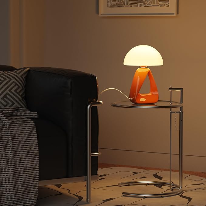 Mushroom Lamp, Small Table Lamp for Bedroom, Creative Geometric Ceramic Base Bedside Lamp, Mid Century Modern Side Table Lamp for Living Room Nightstand, Unique Aesthetic Home Decor Gift Ideas, Orange