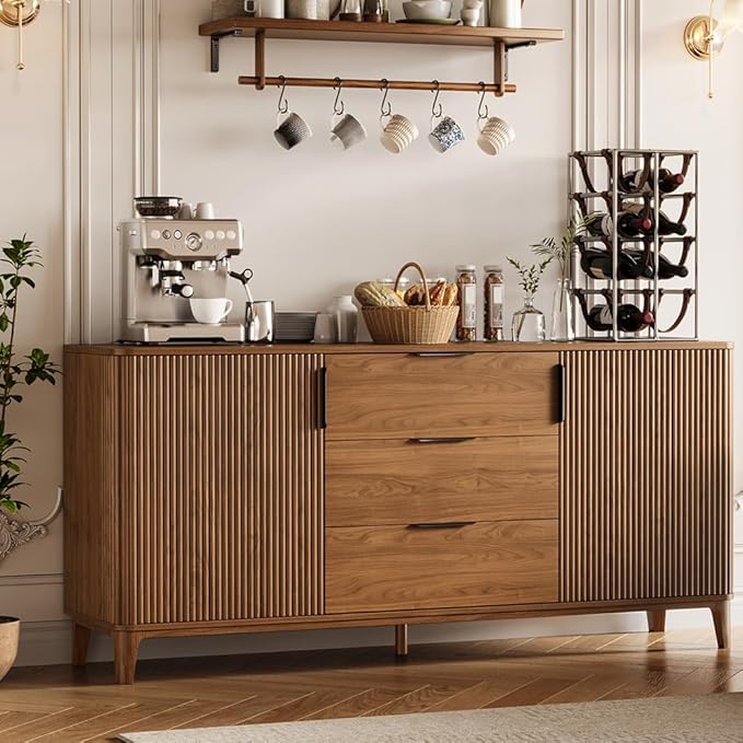59" Fluted Sideboard Buffet Cabinet with 2 Doors and 3 Drawers, Large Modern Mid Century Buffet Table Coffee Bar Wine Bar Storage Cabinet with Adjustable Shelves for Dining Room, Living Room Walnut