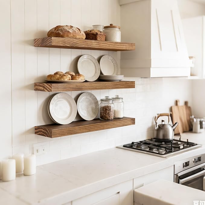 Floating Wall Shelf 16x6.8x1.7 Inch – Solid Wood Shelf in Dark Oak Finish – Wall Mounted Rustic Display Organizer for Bathroom, Kitchen, Bedroom, Small Spaces – Set of 3