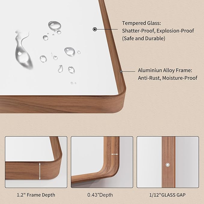 LOAAO 32X36 Inch Bathroom Mirror with Wood Grain Colored Metal Frame, Rounded Rectangle Metal Framed Bathroom Mirror, Anti-Rust, Hangs Horizontally or Vertically, Tempered Glass