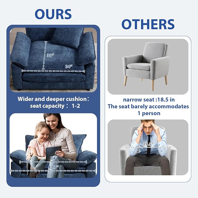 Oversized Chair with Ottoman, Comfy Chenille Accent Chair Large Upholstered Armchair with Thick and Deep Seat Lounge Chair for Living Room,Bedroom,Apartment, Blue