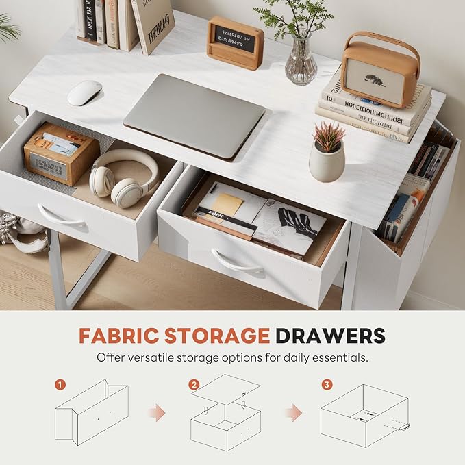 DUMOS 32" Home Office Computer Desk with Drawers, Small Gaming Writing Study Table with Storage Side Bag, Headphone Hook and Adjustable Feet for Bedroom White