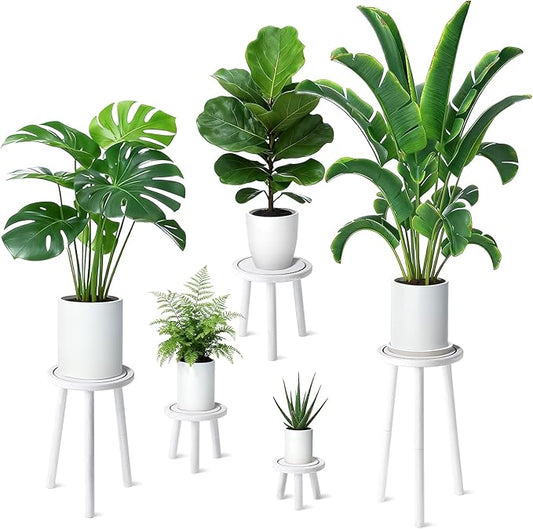 5-Pack Wood Plant Stands Indoor, Single Plant Stand for 6-22 Inch Pots, Mid-Century Modern Plant Stool, Tall Plant Stand for Large Plants Perfect Fit for Living Room, Balcony, Office(Retro White)