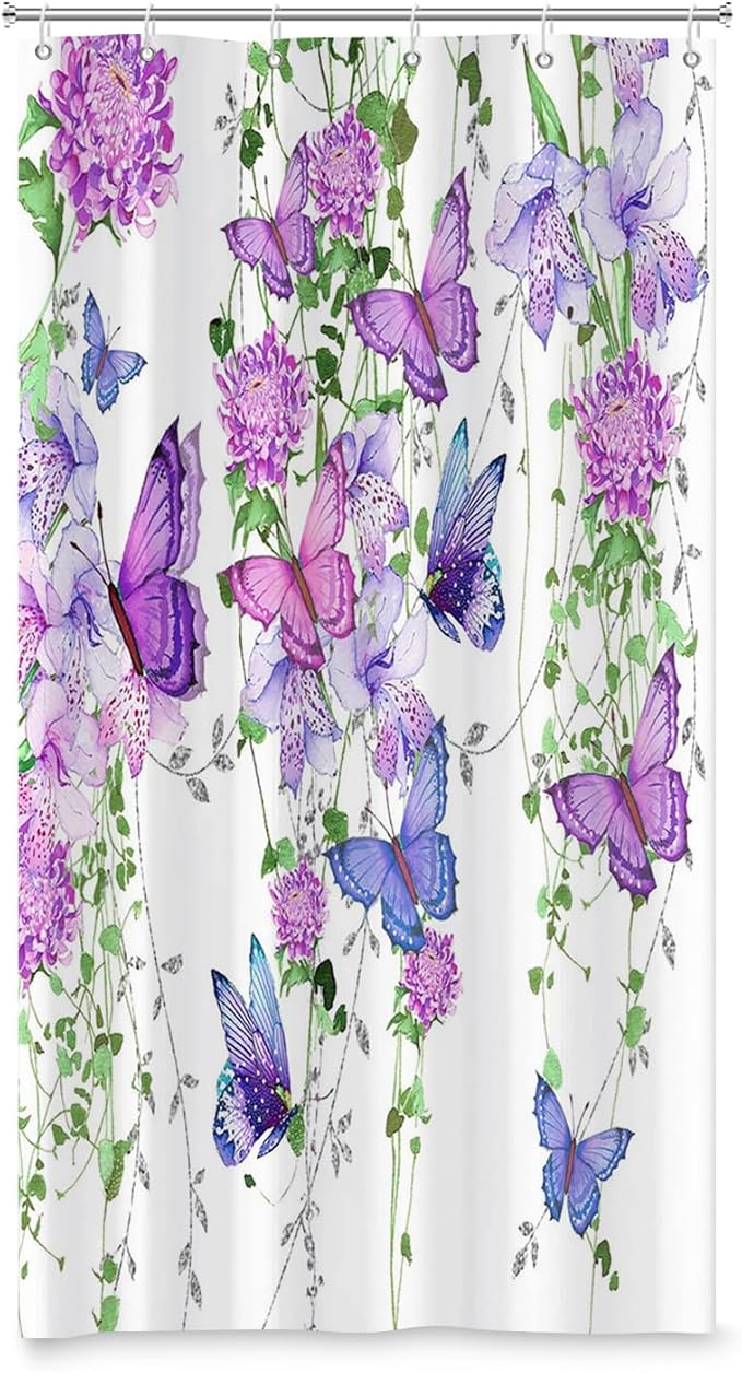Violet Butterfly Floral Shower Curtain Spring Lavender Shower Curtain Lilac Pink Floral Bathroom Decor Waterproof Polyester Fabric with 10 Hooks,54x72 Inches