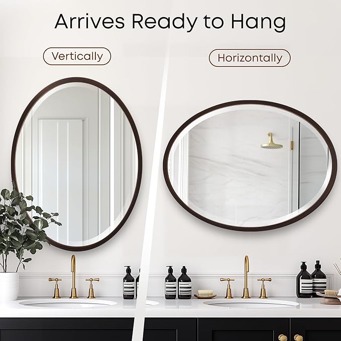 OVALCREST - Oval Wooden Beveled Wall Mirror for Home Decor, Bathroom, Vanity, Bedroom, Living Room, Hallway - London Style (Rubbed Bronze) 25.1 x 19.1
