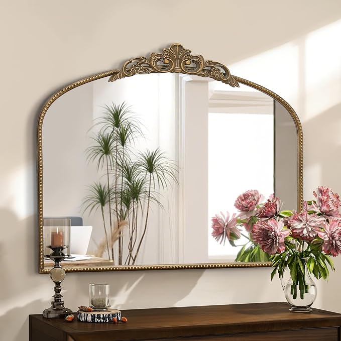 Micasso Vintage Gold Arched Mirror: 36"x29" French Baroque Antique Wall Mounted Mirror - Traditional Ornate Decorative for Wall/Fireplace/Entryway/Bathroom/Hallway - Home Decor for Living Room
