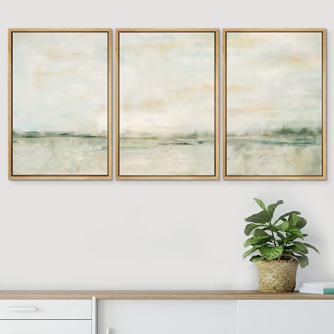 SIGNWIN Framed Canvas Print Wall Art Set Grunge Tan Green Pastel Landscape Shapes Abstract Illustrations Modern Art Decorative Nordic Calm/Zen for Living Room, Bedroom, Office - 16"x24"x3 Natural