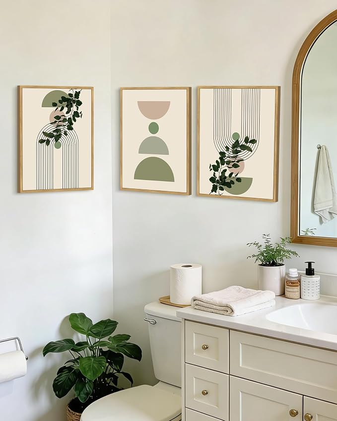 Drsoum Green Botanical Plant Wall Decor Framed Modern Boho Sage Wall Art Abstract Geometry Lines Prints Ready to Hang 11x14in Natural Framed