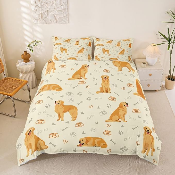 Erosebridal Cute Golden Retriever Bedding Set Queen Lovely Dog Duvet Cover Pet Dog Lover Comforter Cover for Kids Girls Boys Adults Paw Print Aesthetic Bed Set