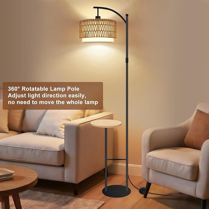 Vinaco Rattan Boho Floor Lamp with Table, Dimmable Floor Lamp with Remote Control Foot Switch, Wicker Tall Lamps 3 Color Temperatures, Adjustable Height Standing Lamps for Living Room Bedroom Office
