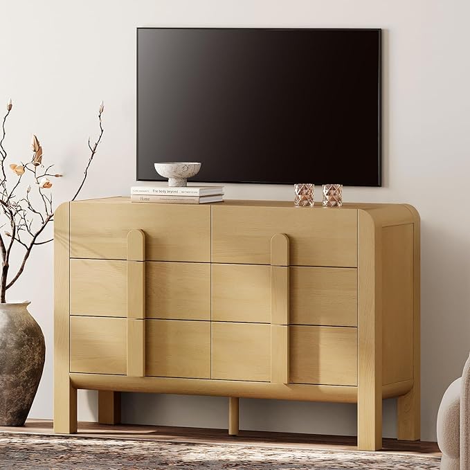 WAMPAT 47.2" W Buffet Cabinet with 6 Drawers, Modern Sideboard Buffet Cabinet with Storage, Buffet Table Coffee Bar Wine Bar Storage Cabinet for Dining Room, Living Room, Hallway, Oak