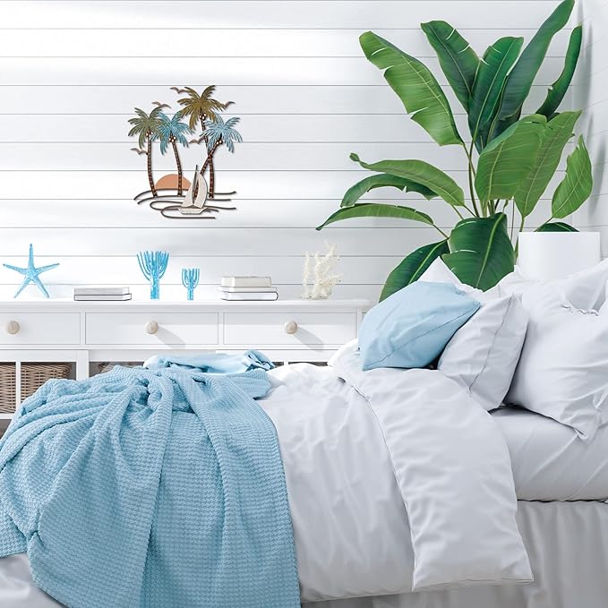 Shimeyao Coastal Metal Wall Art Palm Tree Metal Wall Art Outdoor Beach Bathroom Decor Tropical Tree Sculptures for Indoor Outdoor Decor(Sailboat)