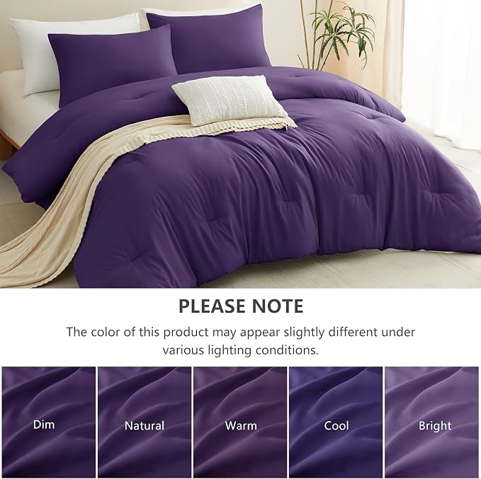 CozyLux King Size Comforter Set Purple, 3 Pieces Lightweight Down Alternative Quilted Bedding Sets, All Season Soft Breathable Solid Comforter with 2 Pillowcases, Luxury Bed Set Gift for Home