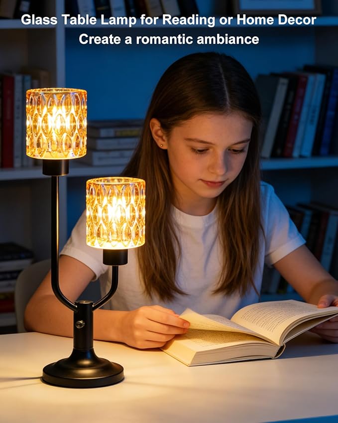 Lightdot Vintage Table Lamp for Bedroom Dimmable Nightstand Lamp Mid Century Modern Amber Glass Black Desk Lamp 2 Bulbs Included Warmwhite Ambient Bedside Lamps for Living Room Home Office Decor Gift