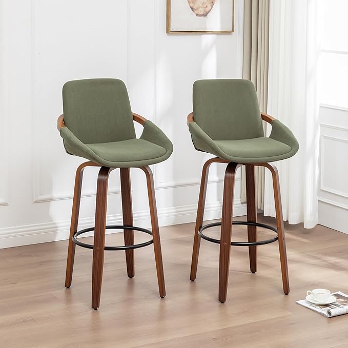 LUNLING 25.6" Counter Height Barstools Set of 2 Mid Century Modern Retro Bar Chairs Green Modern Corduroy Fabric Upholstered and Walnut Wood Frame for Home Bar Furniture,Green