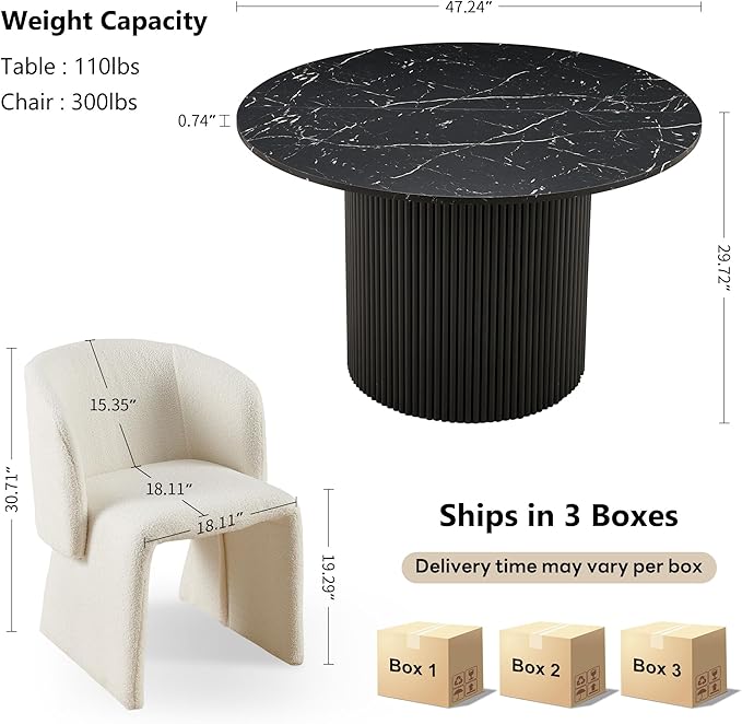 NORDICANA 3-Piece Round Dining Table Set for 2, Modern 47-Inch Kitchen Table and Chair Set, Dining Set with Off White Upholstered Armchairs, Manufactured Wood Top with Black Marble Effect Finish