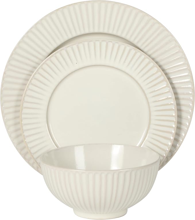 Gibson Elite Soleil 12 Piece Linen White Stoneware Dinnerware Set for 4, Plates and Bowls Set with Dinner Plates, Salad Plates and Bowls