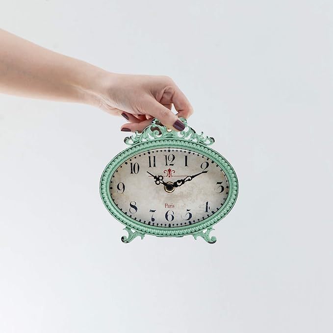 NIKKY HOME Vintage Table Clock, French Turquoise Color Rococo Style Desk Clock Battery Operated Rustic Design, Home Décor for Living Room, Bedroom, Bedside, Desk, Gift Clock - Distressed Green