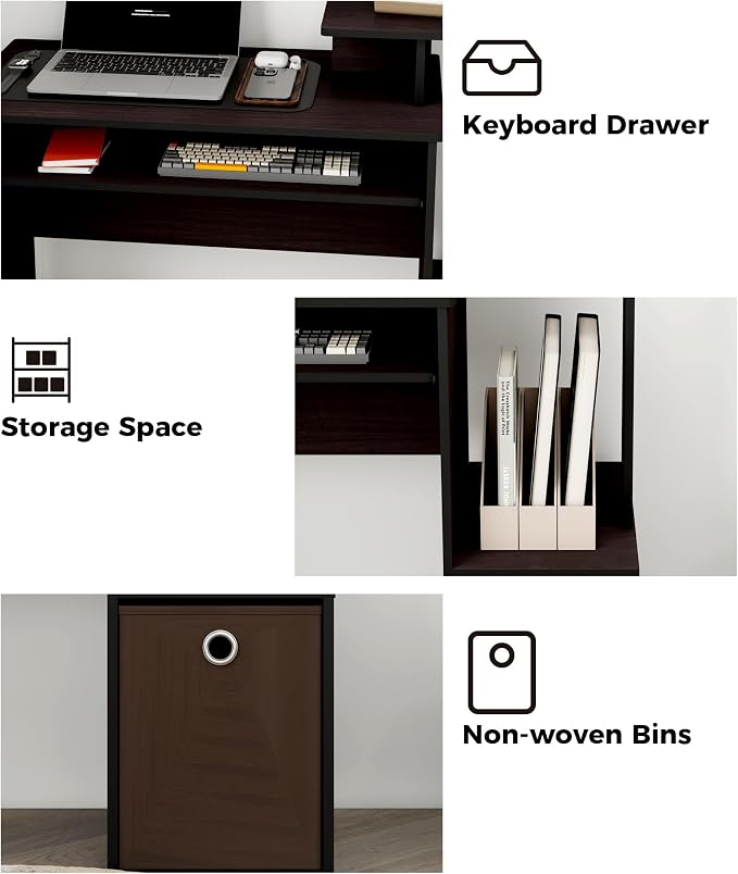 Small Computer Desk for Bedroom, Home Office Desk with Drawers Storage Shelves for Living Room Study Bedroom, Dark Walnut/Brown