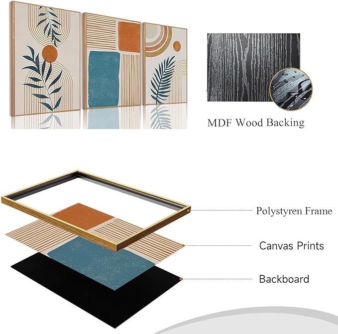 Bwodke Boho Wall Art, Framed Abstract Wall Art, Botanical Neutral Canvas Wall Decor, Large Mid Century Plant Pictures Set of 3, Modern Minimalist Paintings for Bedroom Living Room Bathroom