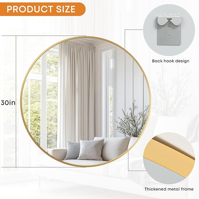 Round Mirror, Wall Mounted Circle Mirror with Brushed Metal Frame, Circular Mirrors for for Bathroom, Living Room, Vanity, Bedroom, Entryway, 30inch,Gold