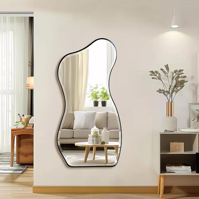 POZINO Irregular Beveled Mirror, 53"x25" Asymmetrical Wall Mirror with Black Metal Frame, Organic Shape Floor Mirrors for Entryway Living Room Bedroom Hallway, Leaning/Wall-Mount