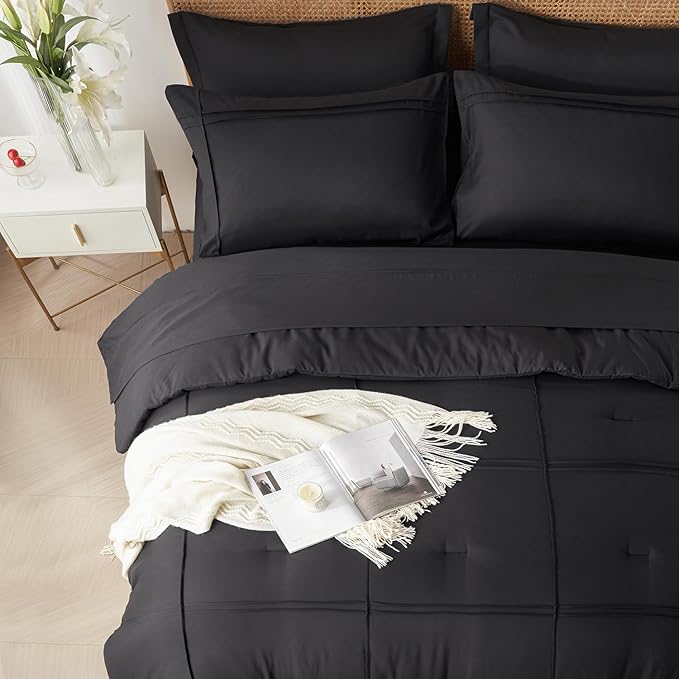 Yogeneg Twin Comforter Set 5 Piece Bed in a Bag,Grid Pinch Pleat Black Twin Bedding Set,Striped Textured Soft Microfiber Comforter with Sheet Set,All Season Complete Bed Set(Black,Twin)