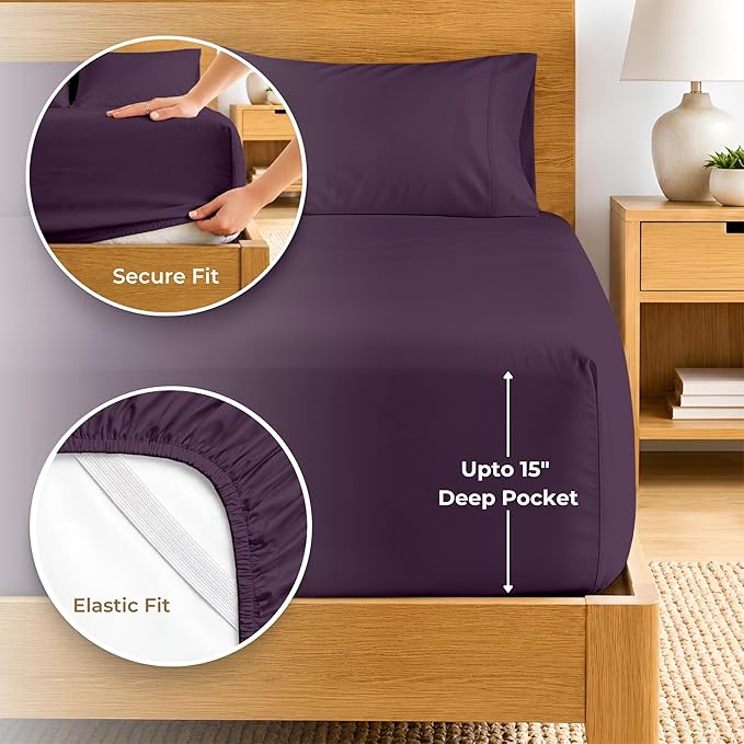 SGI bedding 100% Egyptian Cotton Sheets Twin XL Size – 600 Thread Count Sheets Set, Soft, Cooling, 15" Deep Pocket, Luxury Hotel Bedding, Breathable, Durable - Plum