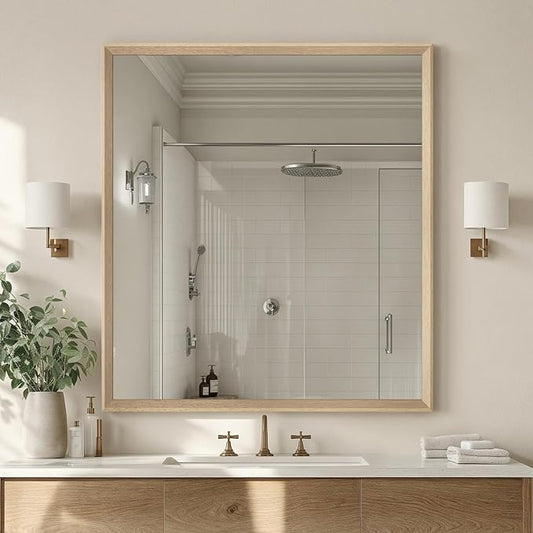 Oak Wood Effect Framed Wall Mirror, 36x40 Rectangle Mirror, Anti-desilvering Tempered Glass, Sustainable& Sturdy Frame, Anti-Rust, HD Reflection &3min Fast Setup for Bathroom Living Room