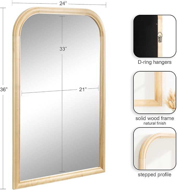 Kate and Laurel Glenby Mid-Century Modern Arch Wall Mirror, 24 x 36, Natural Wood, Wooden Arched Bathroom Mirror with Rounded and Stepped Frame Profile