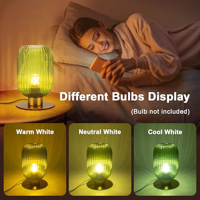 Bedside Table Lamps Set of 2, Small Glass Table Lamp Green Bedside Lamp with Brass Metal Base, Mid Century Table Lamp Gold Nightstand Lamp End Table Lamps for Bedroom Living Room Office