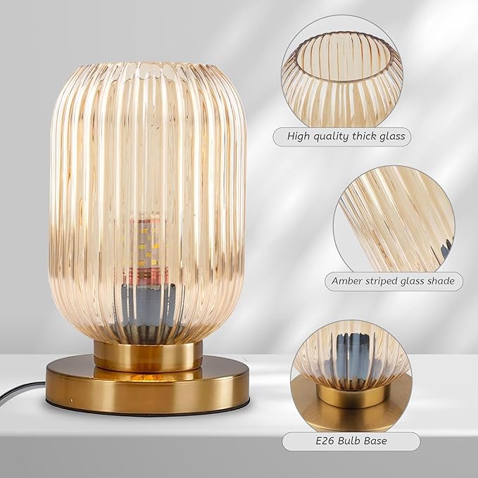 Bedside Table Lamp Mid Century Glass Table Lamps Modern Globe Table lamp Gold Desk lamp nightstand lamp with Amber Pumpkin Design with Ribbed Glass Shade for Bedroom Living Room Office