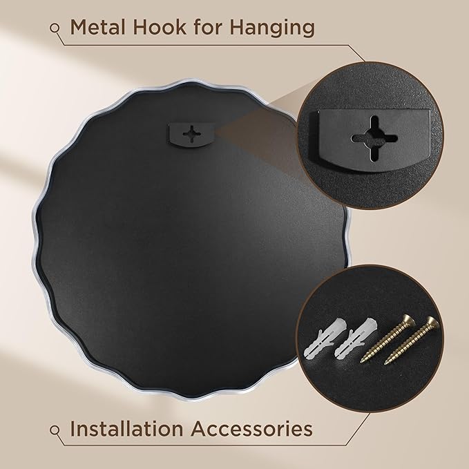 Silver Round Mirror for Wall, 32"x32" Decorative Wavy Bathroom Mirror with Brushed Alloy Steel Frame & Shatter-Proof Glass, Hanging Circle Wall Mirrors for Bathroom, Entryway, Bedroom