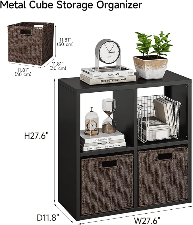 IRONMIX Metal 4 Cube Storage Organizer with 2 Storage Basket, Short Black Bookshelf with Storage, Horizontal Bookshelf, 2 Tier Open Bookcase Cube Shelf for Home Office Library (Black, 700 with Basket)