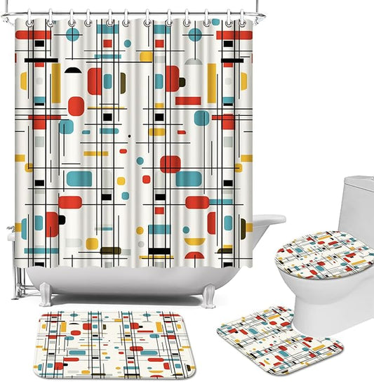 4 Pcs Retro Geometric Block Bathroom Set: Shower Curtain, Bath Mat, Toilet Lid Cover & Rug - Colorful Grid Pattern with Hooks for Mid-Century Modern Decor