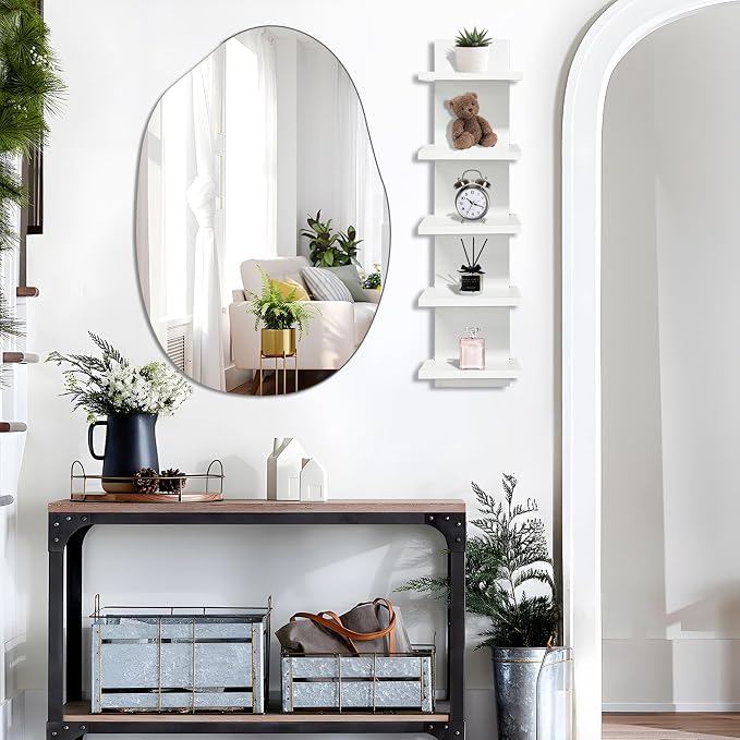 5 Tier Shelves for Wall, Decorative Wall Mounted Vertical Shelving Column Decor 30 Inch H Mounted Floating Storage Organizer Natural Finish Wall Shelf for Living Room, Bedroom, Bathroom