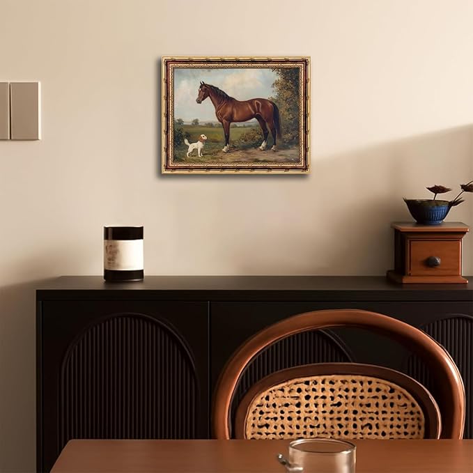 dzbLuck Vintage Horse and Dog Wall Art with Gold Antique Frame, Classic Western Farmhouse Painting Print, Rustic Country Home Decor Picture 8x10 Inch