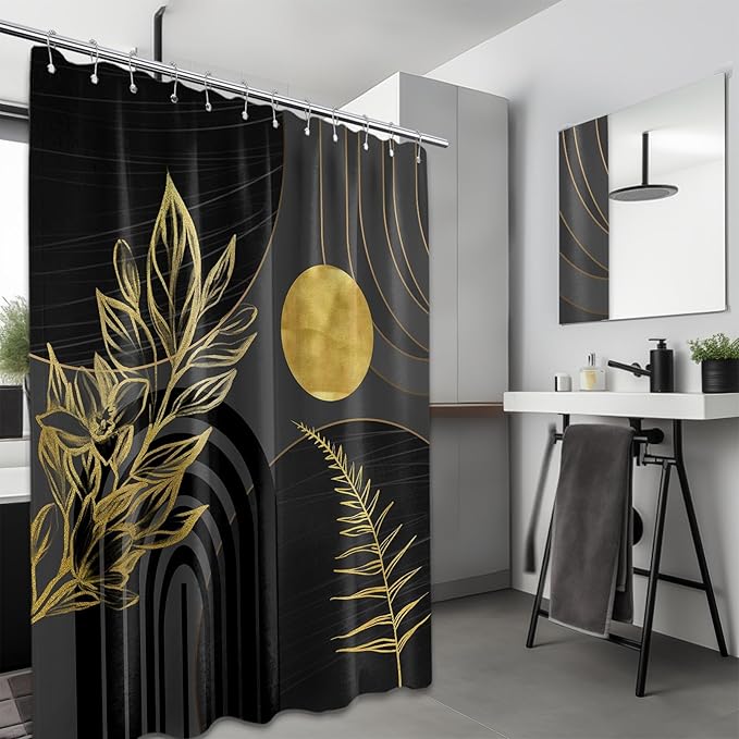 Black and Gold Shower Curtain Boho Mid Century Black and Dark Grey and Gold Shower Curtains for Bathroom Decor, Waterproof Cloth Fabric with Hooks, 70" W x 84" L